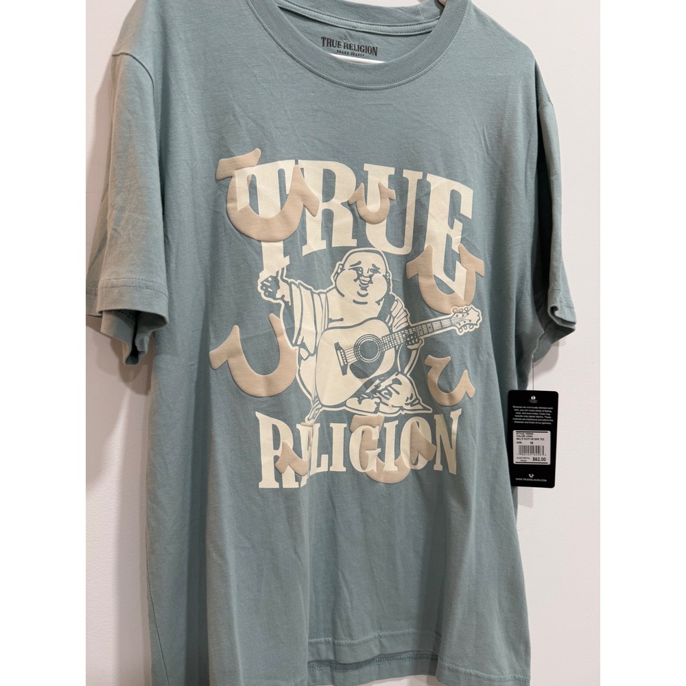 True Religion Mens Buddha Guitar Puff Print Graphic T-Shirt Blue Green Medium - Picture 3 of 6